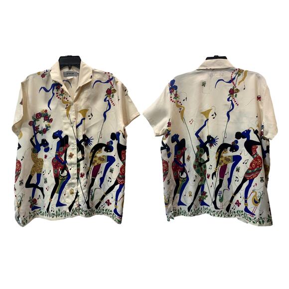 80s Rayon Shirt Colorful African Dancers Print | Women Short Sleeve | In Wear - Picture 7 of 10